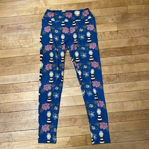 LulaRoe Leggings Women’s One Size Blue Floral & Flies Stretch Ankle
